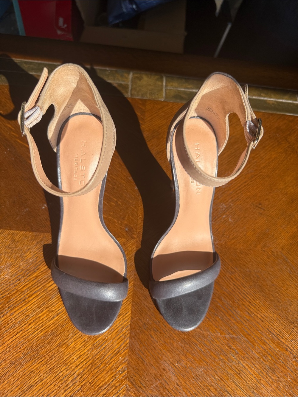 Halston Heritage Two-Tone Ankle Strap Stiletto Sandals - Black and Tan